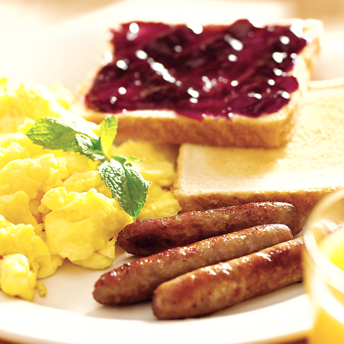 Improved food. Scrambled meat. Scrambled Eggs with Croutons and sausages. Breakfast Fillers. Scrambled Fruits.